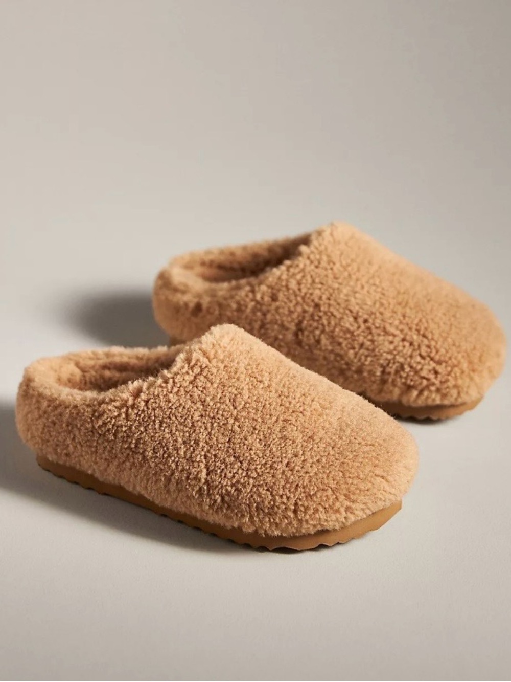 Anthropologie Teddy Shearling Slip-On Clogs - Camel